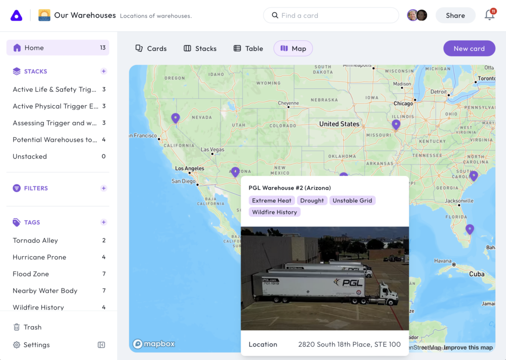 Screenshot of a board featuring a map of the US and a warehouse card